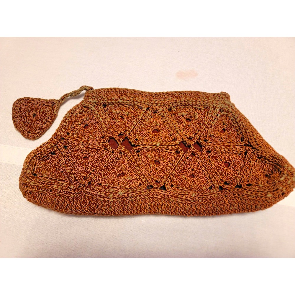 Vintage Brown Macrame Crochet Purse Woven Wristlet Boho Handbag Boho Hippie 70s